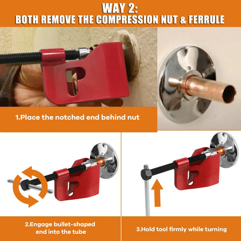 Compression Sleeve Puller For Half Inch Copper Pipe Easy Ferrule And Nut Removal Tool illustrating steps to remove ferrule and nut.