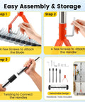 Wheeled Thatch Rake For Moss And Leaves assembly guide with adjustable dethatching roller, 0 to 12 degree angle, and stainless steel blades.