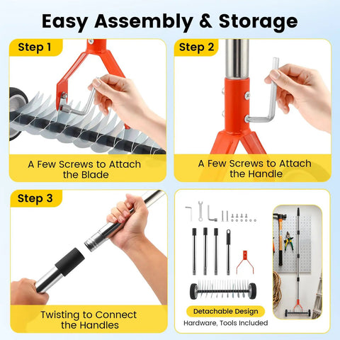 Wheeled Thatch Rake For Moss And Leaves assembly guide with adjustable dethatching roller, 0 to 12 degree angle, and stainless steel blades.