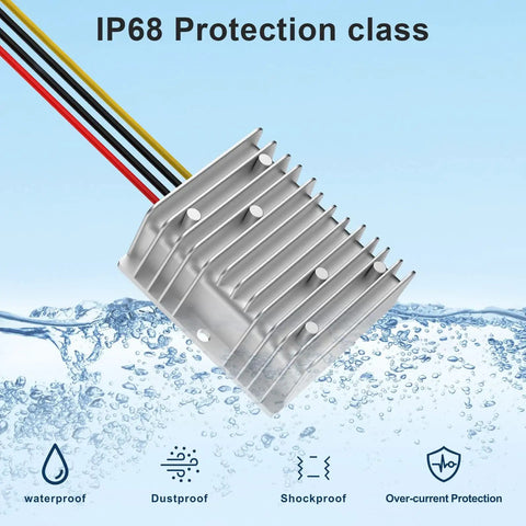 Boost Converter Module 12V To 24V With 10A 240W Output Waterproof Aluminum Case High Efficiency Up To Ninety Seven Percent Step Up Regulator For Car Boat RV Power Supply with IP68 protection emphasized.