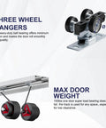 Go To 6 Ft Bypass Closet Door Track Kit With Top Mounted Hardware showing three-wheel hangers and max door weight details