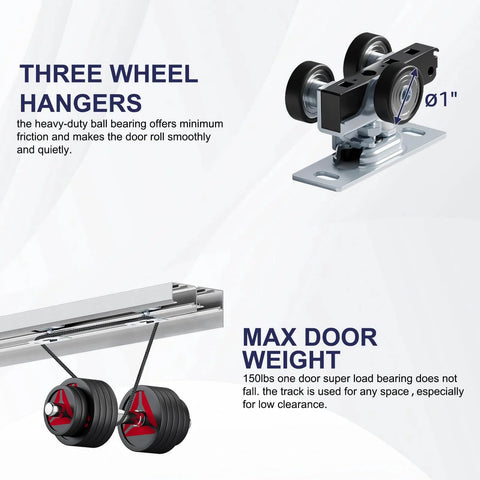 Go To 6 Ft Bypass Closet Door Track Kit With Top Mounted Hardware showing three-wheel hangers and max door weight details