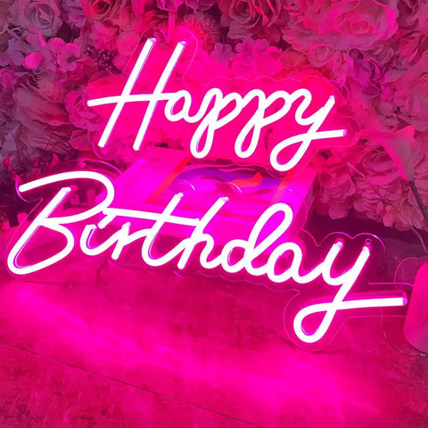 Pink Happy Birthday Neon Sign With Dimmer For Party Decoration And Bedroom Wall Decor Two Panel 16.5x8 And 23x8 Inches