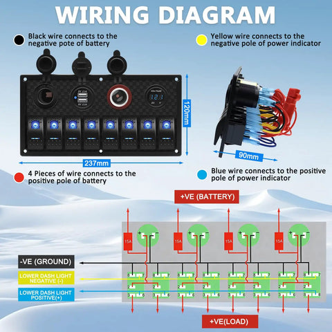 Diagram of 8 Gang Marine Rocker Switch Panel With Waterproof Boat Switches 12V DC, showing wiring connections and measurements.