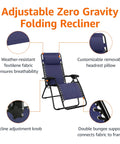 Zero Gravity Outdoor Lounge Chair With Pillow in navy blue, features weather-resistant Textilene fabric and adjustable recline.