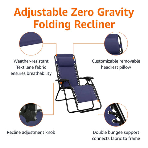 Zero Gravity Outdoor Lounge Chair With Pillow in navy blue, features weather-resistant Textilene fabric and adjustable recline.