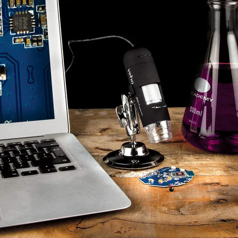 USB Digital Microscope With 2 MP HD CMOS Lens, 1920x1080 Video, 100x To 200x Magnification, Photo And Video Capture, Adjustable Stand, LED Lighting, MicroCapture Software, Windows And Mac Compatible for inspecting circuit board on laptop desk