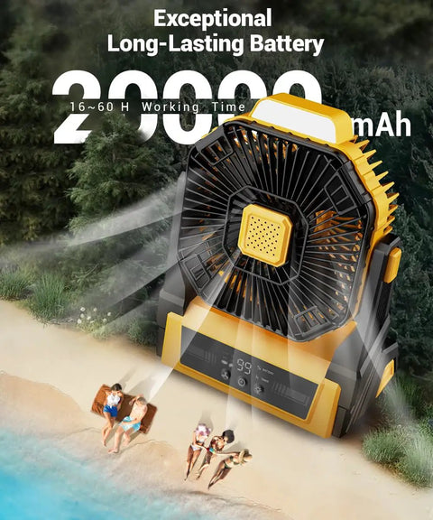 Portable Camping Fan With Lights And 20000mAh Battery cooling a beach scene with people relaxing by the water.