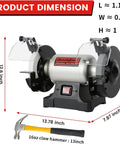 Heavy Duty 6 Inch Low Speed Bench Grinder Featuring Rock Solid Wobble Free Dual Grit Aluminum Oxide Wheels with dimensions labeled.