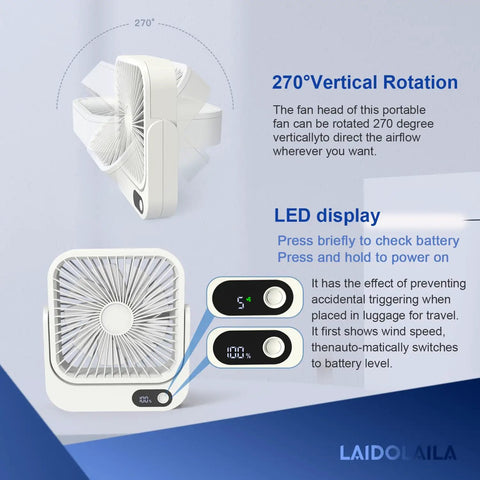 Cruise Ship Approved Portable Fan with 5000mAh Battery featuring LED display and 270-degree vertical rotation, USB C charging.
