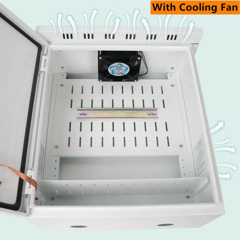 Badass Outdoor Electrical Box With Heavy Duty Cooling Fan And Smart Ventilation Design IP65 Waterproof showing interior cooling fan and ventilation.