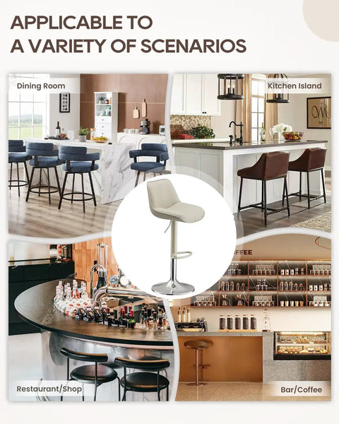 Adjustable Swivel Faux Leather Bar Stools Set Of 2, showcasing use in dining room, kitchen island, restaurant, and bar settings.
