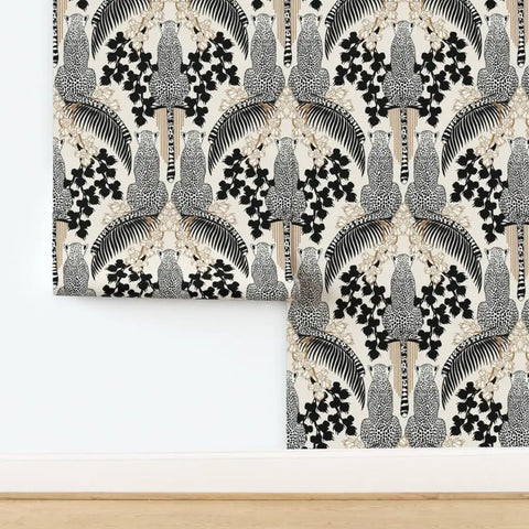 Snag This Killer Big Cat Print PVC Free Wallpaper Featuring A Premium Matte Linen Texture Durable Wallcovering Designed To Level Up Your Interior Design Game Today, showing a close-up detail of black cat pattern.
