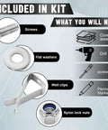 Window Well Cover Clips Outside Hardware Kit With Screws For Basement Egress Windows, Heavy Duty Exterior Clip Set Includes Cap Nuts And Washers, Easy Install To Secure Window Wells. Kit parts shown: screw, washer, clip, and lock nut