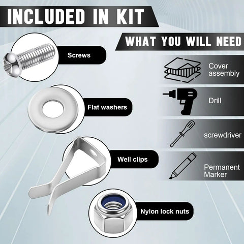 Window Well Cover Clips Outside Hardware Kit With Screws For Basement Egress Windows, Heavy Duty Exterior Clip Set Includes Cap Nuts And Washers, Easy Install To Secure Window Wells. Kit parts shown: screw, washer, clip, and lock nut