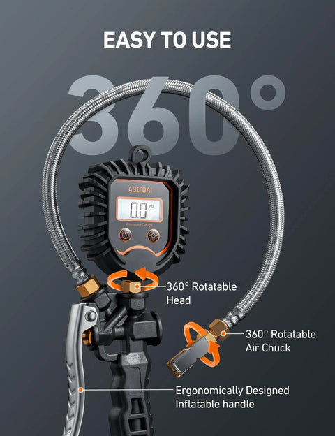 Digital Tire Pressure Gauge And Inflator Kit 250 PSI Heavy Duty Air Chuck Stainless Braided Hose Rotatable Dial Quick Connect