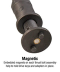 Brake caliper wind-back tool end with magnetic thrust bolts; dark metal, round end plate with two pegs
