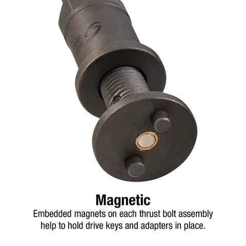 Brake caliper wind-back tool end with magnetic thrust bolts; dark metal, round end plate with two pegs