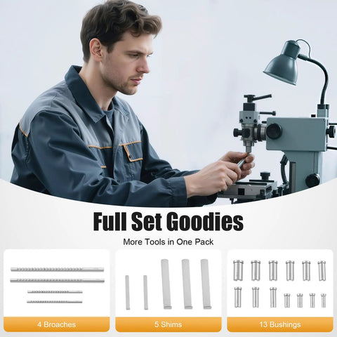 Technician using lathe with Complete Pro Grade 22 Piece Keyway Broach Kit With 4mm B1 5mm B1 6mm C 8mm C Broaches 5 Shims 13 Bushings