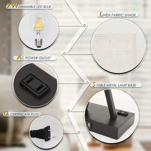 Set Of 2 Modern Table Lamps With 3 Way Dimmable Touch Control, Built In USB Ports And Outlet details including LED bulb and fabric shade