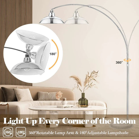 Ultra Sleek Arc Floor Lamp With Adjustable Silver Finish, 77 Inch Arch, illustrating 360° rotatable and adjustable lamp features