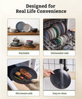 Venus 12 Piece Stoneware Plates And Bowls Set With Trim Chip Resistant Dinnerware For Four Matte Black on shelves, in dishwasher, microwave, and sink.