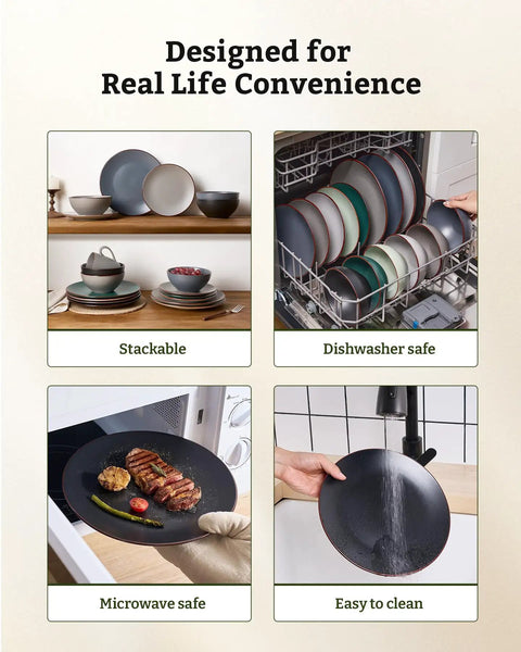 Venus 12 Piece Stoneware Plates And Bowls Set With Trim Chip Resistant Dinnerware For Four Matte Black on shelves, in dishwasher, microwave, and sink.