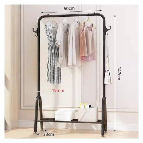 Beefy Free Standing Metal Clothes Rack With Shelves For Boutique Or Home Use Black 60x33x147cm shown with garments hanging