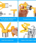 Assembly instructions for Heavy Duty Airless Paint Spray Gun 3 Pack with 513 tips showing tip insertion and nozzle setup.