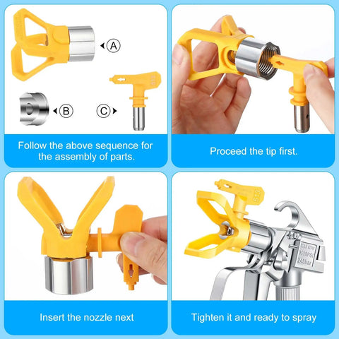 Assembly instructions for Heavy Duty Airless Paint Spray Gun 3 Pack with 513 tips showing tip insertion and nozzle setup.