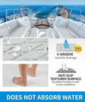 Self-Adhesive Boat Flooring 96-Inch By 23.5-Inch Non-Slip EVA Foam Diamond Pattern Marine Grip Sheet For Jon Boats Surfboards SUP Kayaks Yachts Cool Gray showing drainage and textured surface illustration on a yacht.