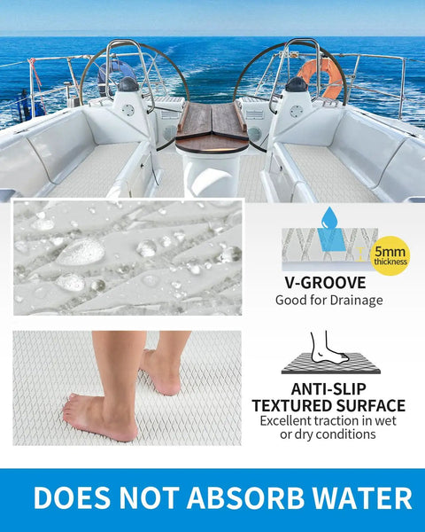 Self-Adhesive Boat Flooring 96-Inch By 23.5-Inch Non-Slip EVA Foam Diamond Pattern Marine Grip Sheet For Jon Boats Surfboards SUP Kayaks Yachts Cool Gray showing drainage and textured surface illustration on a yacht.