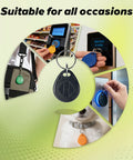 Collage of Plug And Play Writable 125kHz RFID Fob Tags with T5577 Chip used on doors, bags, and pet collar, illustrating versatility.