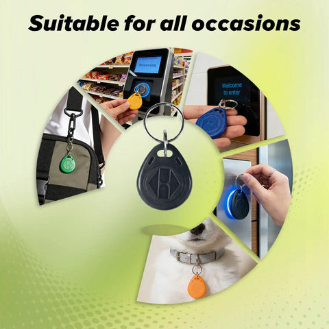 Collage of Plug And Play Writable 125kHz RFID Fob Tags with T5577 Chip used on doors, bags, and pet collar, illustrating versatility.