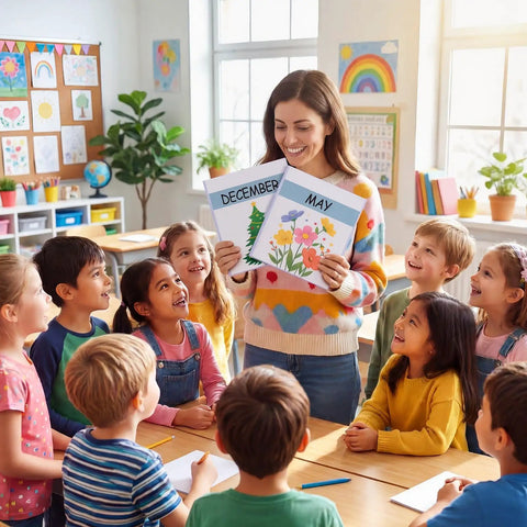 Teacher holding 12 Pack 1 Inch 3 Ring Monthly Binder Set For Teachers, Classroom Organizer With Seasonal Month Labels in classroom.
