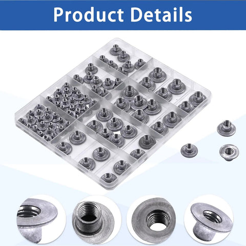 Heavy Duty 85Pc Tee Nut Kit With M4 M5 M6 M8 M10 Round Base Weld T Nuts For Shop Builds And Home Fixes showing carbon steel nuts in a clear organizer.