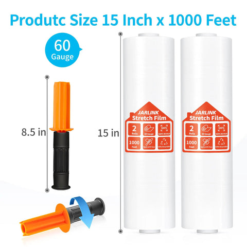 Industrial Strength Stretch Film 15 Inch By 1000 Feet Pallet Wrap With Handles Heavy Duty Clear 60 Gauge Moving Wrap 2 Pack Rolls