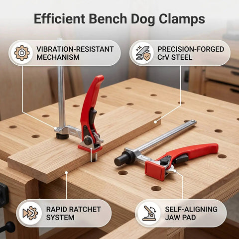 Heavy Duty Bench Dog Clamp Set For 25 By 32 Inch Dog Holes Quick Ratchet Woodworking Clamps In CRV Steel Construction 6 5 16 Inch Clamp Reach And 2 5 16 Inch Throat Perfect For Carving Milling Polishing And Finishing Projects on wooden workbench