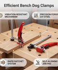 Beefy 5/8 Inch Bench Dog Clamp with ratchet hold down on woodworking table, showing vibration-resistant jaws and MFT holes