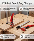 2 Pack Go-To Bench Dog Clamps For 5/8 Inch Holes Quick Ratchet Hold Down Jaws CrV Steel shown on wooden workbench