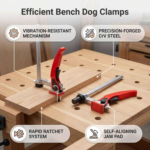 2 Pack Go-To Bench Dog Clamps For 5/8 Inch Holes Quick Ratchet Hold Down Jaws CrV Steel shown on wooden workbench