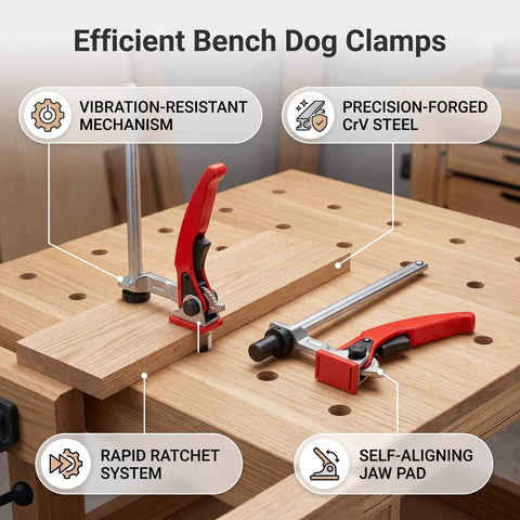 Two Pack Quick Ratchet Bench Dog Clamps For 20mm Dog Holes Holds Down Up To Six And Five Sixteenths Inches Throat Depth