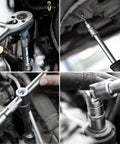 Mechanics Tools Kit 108-Piece Socket Set in use with ratchet wrench and extension bars on vehicle engine