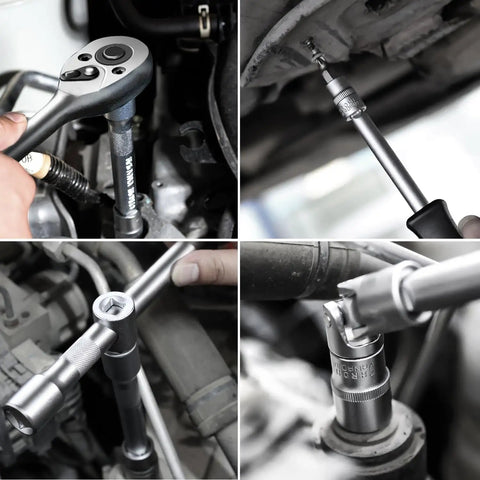 Mechanics Tools Kit 108-Piece Socket Set in use with ratchet wrench and extension bars on vehicle engine