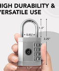 4 Digit Combination Padlock For Gym Lockers And Outdoor Gates Built Tough Weatherproof Zinc Alloy Security Lock in hand with dimensions