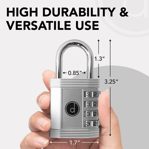 4 Digit Combination Padlock For Gym Lockers And Outdoor Gates Built Tough Weatherproof Zinc Alloy Security Lock in hand with dimensions