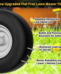 Side view of front flat-free lawn mower tire and wheel replacement for zero turn mowers 13x6.50-6, 500 lb load capacity.