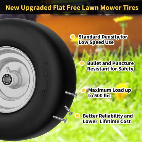 Side view of front flat-free lawn mower tire and wheel replacement for zero turn mowers 13x6.50-6, 500 lb load capacity.