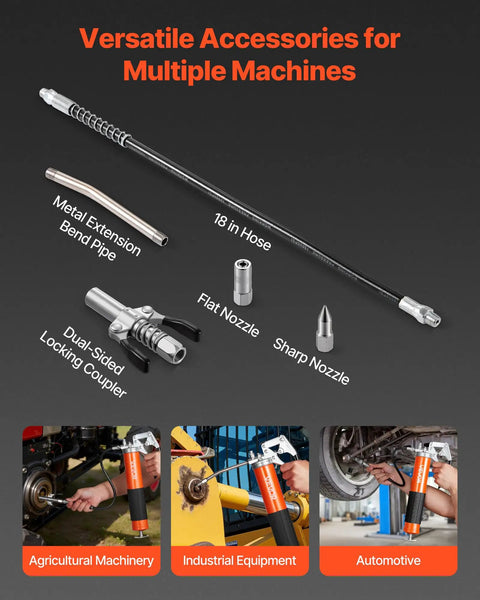 Heavy Duty 8000 PSI Grease Gun Kit With Pistol Grip, 14 Oz Capacity, 18 Inch Flex Hose, Double Handle Coupler, Extension Pipe And Sharp Nozzle For Automotive And Marine Use