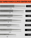 Heavy Duty 16 Piece Punch And Chisel Set For Tough Metalworking Jobs With Cr-V Steel Tapered Pin Center Punches And Cold Chisels Perfect For Pro Auto Repair Shop Work That Gets The Job Done Right, 5pcs taper punches and 2 center punches displayed with sizes